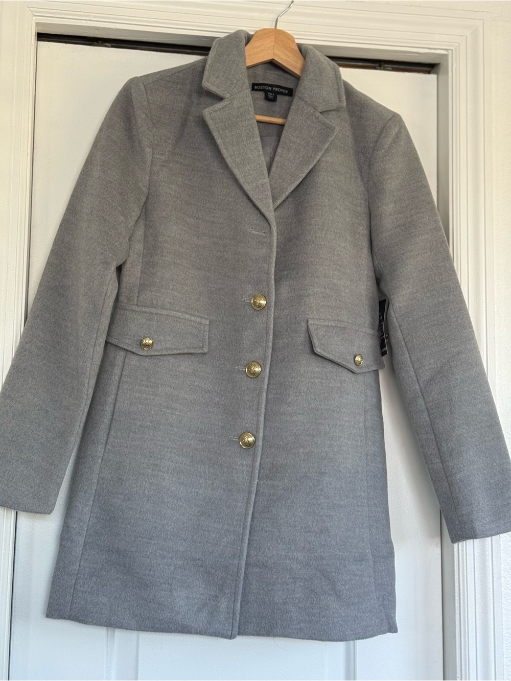 Boston Proper Light Gray Wool-Blend Pea Coat with Gold Buttons